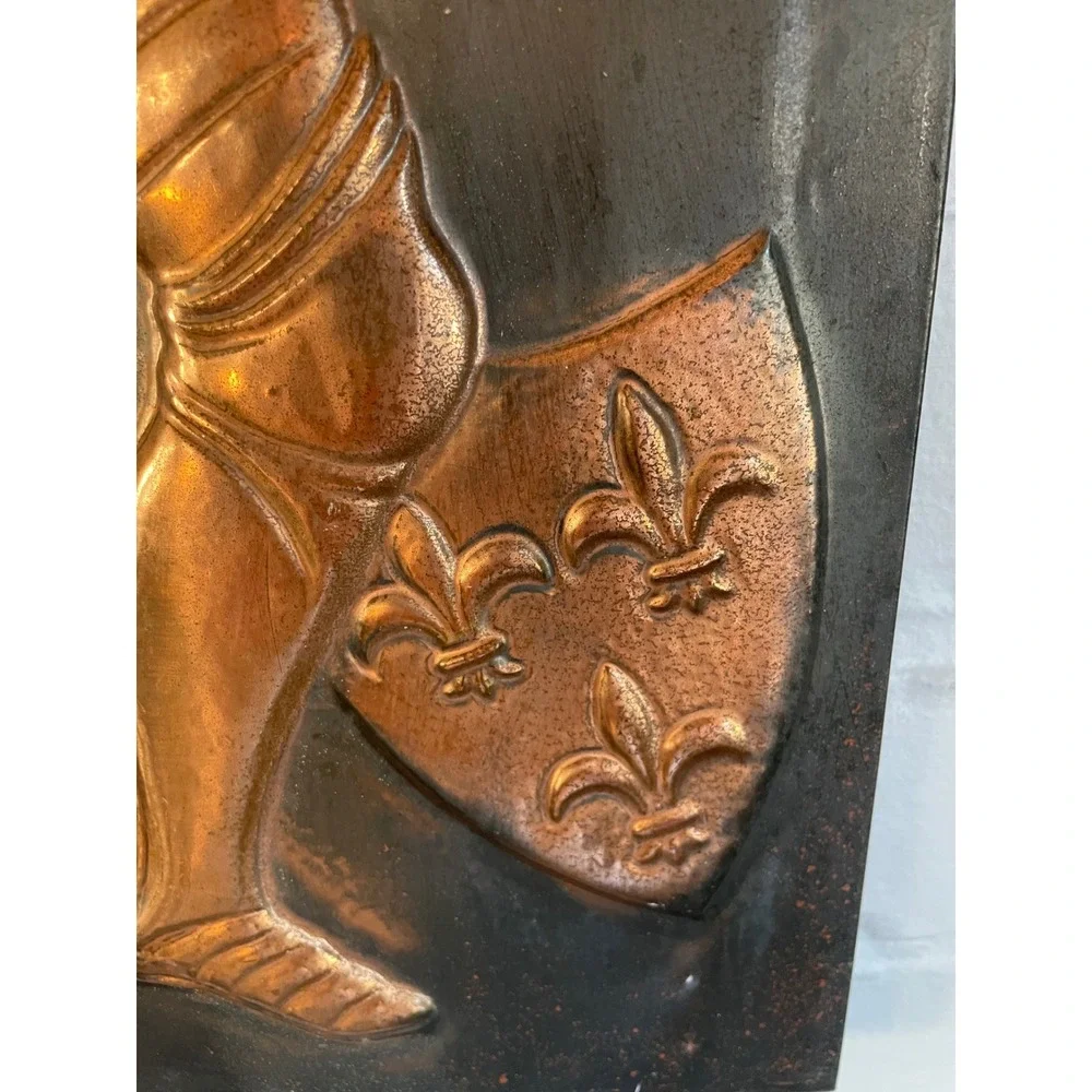 Vintage 3D Medieval Copper Knight Wall Art Plaque Embossed Metal Fleur -De-Lis